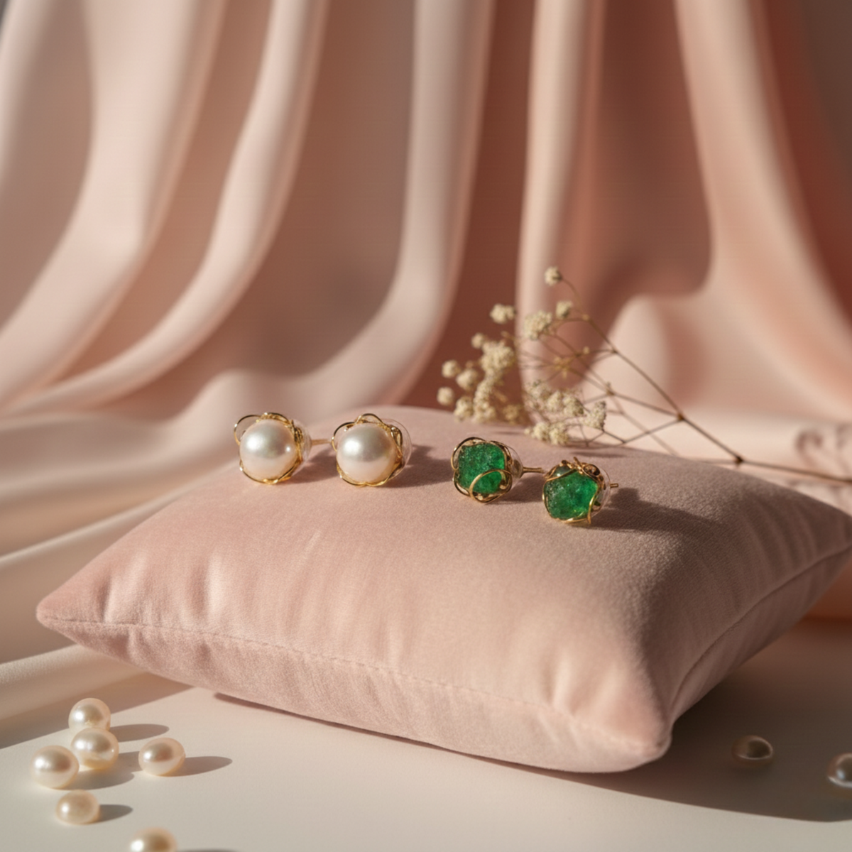 Gold Pearl or Emerald Stud Earrings