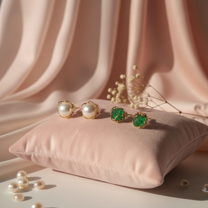 Gold Pearl or Emerald Stud Earrings