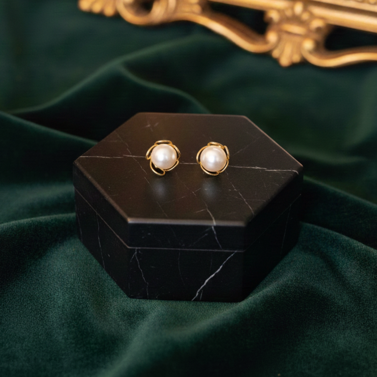 Gold Pearl or Emerald Stud Earrings