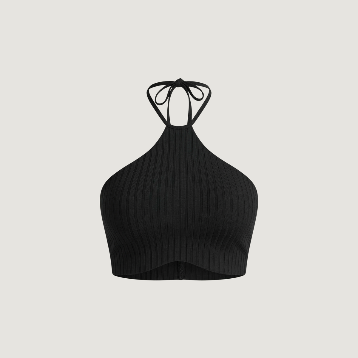 Black ribbed crop top on a light gray background