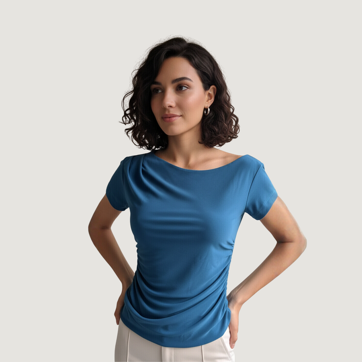 Boat Neck Asymmetric Ruched Top