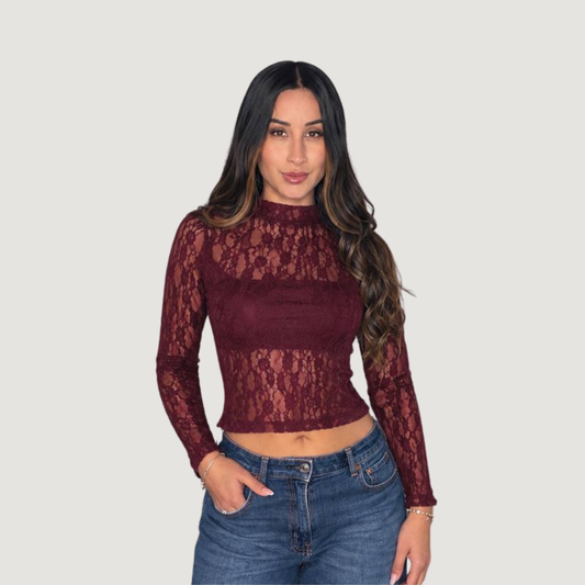 Sheer Lace Mock Neck Top