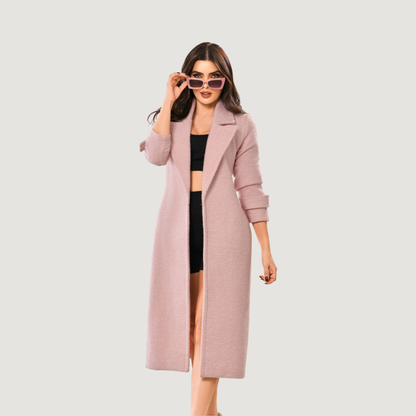 Wool Blend Maxi Trench Coat - Open Front Duster with Pockets