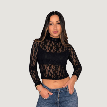 Sheer Lace Mock Neck Top