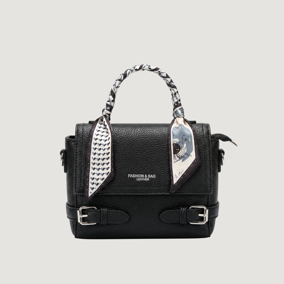 Edgy Black Handbag with Scarf Handle