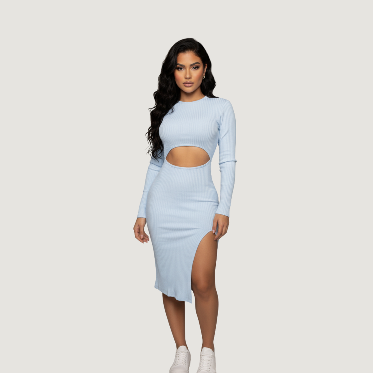 Ribbed Long Sleeve Dress with Slit