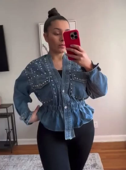 Elastic Waist Denim Jacket, Stylish
